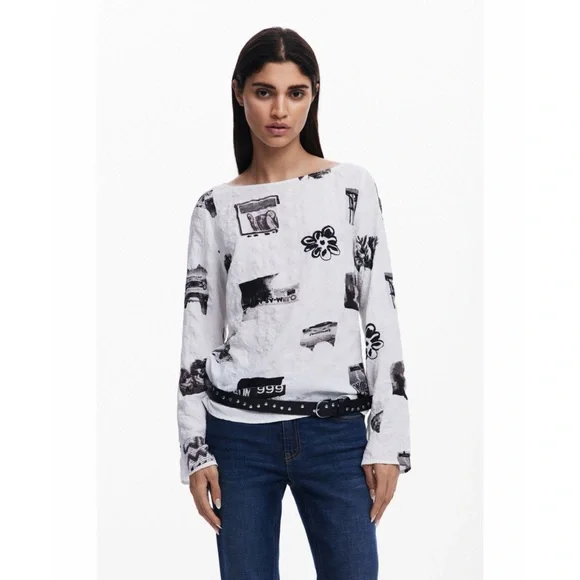 NWOT Desigual Textured Tie Sleeve White & Black Graphic Top - Picture 2 of 6